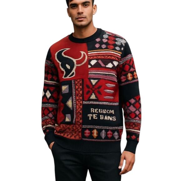 NFL Houston Texans Football Team Ugly Christmas Sweater Men's M Red Black Flaw - Picture 1 of 16